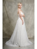 Plunging V Neck Ivory Lace Sparkle Tulle Open Back Wedding Dress